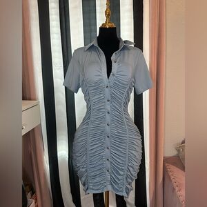 Light Blue Ruched Button-Up Dress